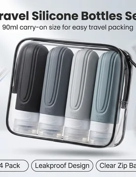 Juego de 4 botellas de viaje de silicona de 90ml aprobadas por la TSA, recipientes recargables a prueba de fugas para champú y loción con bolsa de t - Shein - FashionsVida