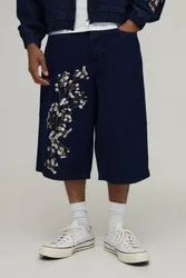 Herren Geblümt Bestickte Lange Jeans Hosen-Shorts Indigo Größe 36