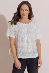 Women's Short Sleeve Feather Design Tassel Top in Ivory Size: 12 - Ivory - Size: 12