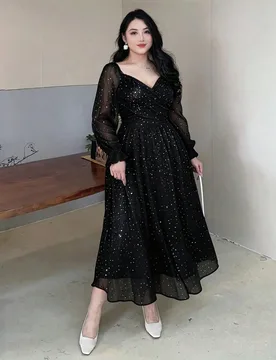 Vestido acampanado con parches de malla y lurex en la cintura, para ocasiones formales, vestidos de verano para mujer 2XL - Shein - FashionsVida