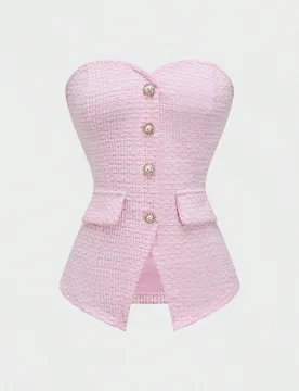 Top corto ajustado de verano para mujer con textura rosa, con detalle de botón de perla L - Shein - FashionsVida