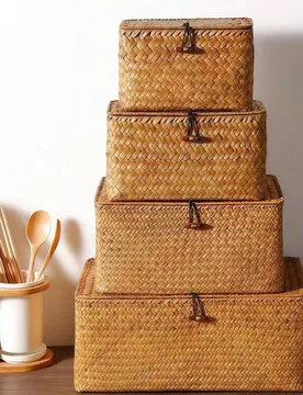 Pieza de Cesta tejida con tapa, Caja de almacenamiento de mimbre tejido con tapa, Caja de almacenamiento rectangular, Caja de almacenamiento de juguet - Shein - FashionsVida