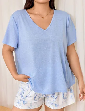 Conjunto de 2 piezas de pijama para mujer talla grande, top casual de manga corta con cuello en V y shorts con estampado floral, azul marino y blanco, - Shein - FashionsVida