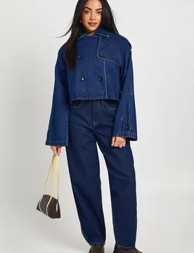 Womens Cropped Denim Trench Coat - Indigo Blue - Size 6 Uk - Boohoo - FashionsVida