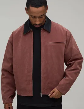 Herren Übergroße Kastige Jacke Aus Kunstwildleder Mit Kontrastkragen Im Harrington-Stil Mauve Größe Large - boohooMAN - FashionsVida