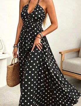Vestido largo tipo slip para mujer de mezcla de bambú, lino y viscosa con lunares marrones, tirantes finos, lazo anudado delantero, doble capa, plisa - Shein - FashionsVida
