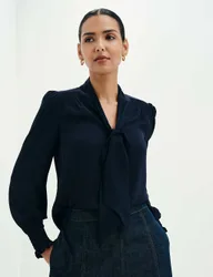 Tie Neck Button Through Blouson Sleeve Blouse Navy female