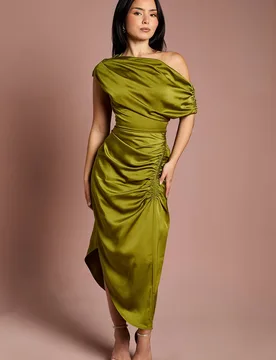 Women's Petite Satin Ruched One Shoulder Asymmetric Hem Midi Dress in Olive Size: 14 - Olive - Size: 14 - Coast - FashionsVida