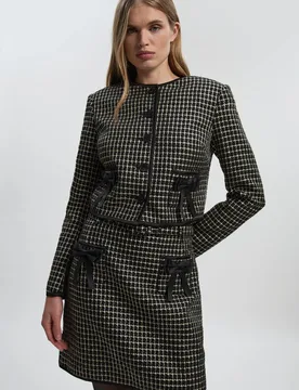 Women's Tailored Tweed Bow Detail Collarless Jacket in Black Size: 16 - Black - Size: 16 - Karen millen - FashionsVida