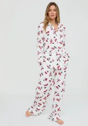 Evie Long Sleeve Poppy Print Pyjama Set In White - S