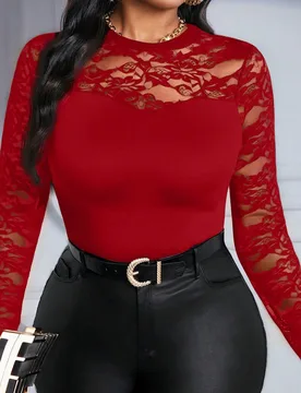 Camiseta de manga larga de cuello redondo de punto de encaje negro de talla grande con contraste de color de malla, ropa de Halloween de talla grande - Shein - FashionsVida