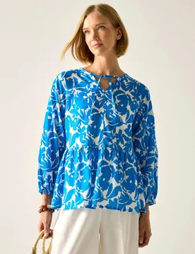 Primden Cotton Rich Tie Neck Blouse With Linen Blue female - Regatta - FashionsVida