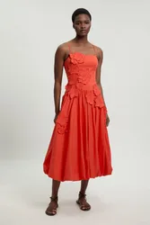 Womens Cotton Linen 3d Floral Bubble Hem Midi Dress - Red - Size 10 Uk