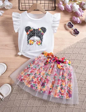 Chica Joven con estampado de figura ribete con fruncido Camiseta & con estampado floral con malla con cinturón Falda 7Y - Shein - FashionsVida