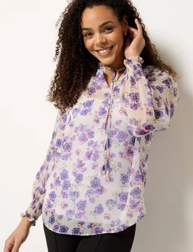 Women's Floral Print Tie Neck Blouse in Ivory Size: 18 - Ivory - Size: 18 - M&Co - FashionsVida