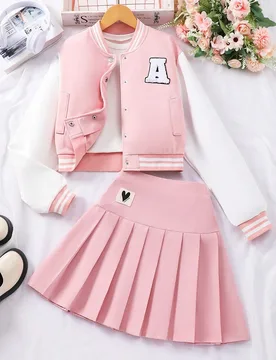 Conjunto de 2 piezas para niña preadolescente, chaqueta de béisbol y falda plisada, estilo escolar 12Y - Shein - FashionsVida