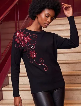 Women's Sequin Floral Batwing Knit Jumper in Jet Black Size: 16 - Jet Black - Size: 16 - Roman - FashionsVida