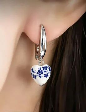 Vintage Ceramic Heart Pendant Earrings for Women New Asymmetry Blue and White Porcelain Teapot U-shaped Ear Buckle Punk Jewelry - Aliexpress - FashionsVida