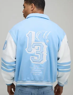 Herren Boxy 13 Applique Jersey Varsity Bomberjacke Light Blue Größe Large - boohooMAN - FashionsVida