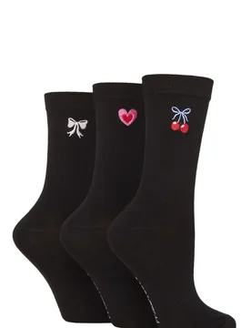 Women's 3 Pair Wildfeet Bamboo Embroidered Crew Socks Cherry Bow 4-8 - Multi Coloured - Size: Small - SockShop - FashionsVida