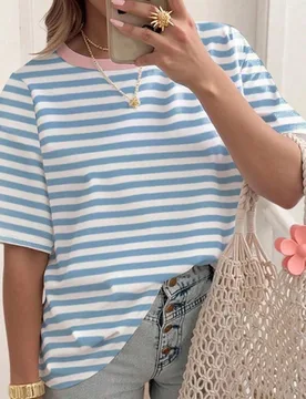 Camiseta casual de cuello redondo a rayas de manga corta, camiseta para mujer de talla grande, verano 3XL - Shein - FashionsVida