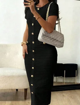 Vestido de mujer Unadoll de tweed negro de media longitud para otoño, vestido ajustado con botones y manga corta, con abertura trasera, adecuado para - Shein - FashionsVida