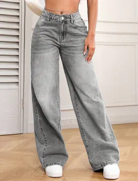 Pantalones de mezclilla holgados y sueltos con bolsillos laterales, casuales y versátiles para mujeres petite Petite L - Shein - FashionsVida