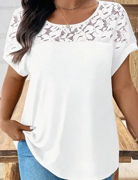Camiseta de mujer talla grande de cuello redondo, manga corta, diseño calado, sensación premium, ropa de verano versátil, casual, para ir al trabaj - Shein - FashionsVida