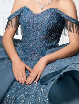 Haze Blue Quinceanera Dress off-shoulder Glitter Crystal Pearl Decal Layering Long tail vestidos de 15 Quinceanera ﻿Customize - Aliexpress - FashionsVida