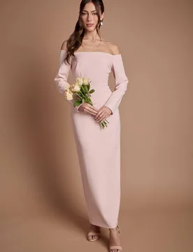 Women's Crepe Bardot Long Sleeve Bridesmaid Maxi Dress in Blush Size: 12 - Blush - Size: 12 - Coast - FashionsVida