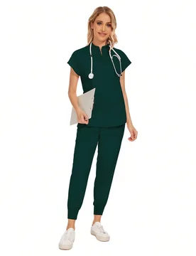 Conjunto de uniforme de clínica dental de moda al por mayor, bata quirúrgica de unicolor con cuello en V y bolsillo, conjunto de bata quirúrgica pa - Shein - FashionsVida
