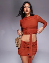 Womens Co-Ord Ruched Mesh Drape Top In Rust - Orange - Size 10 Uk