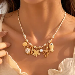 Beach Vacation Starfish Fish Shell Charm Necklace for Women Beige Rope Chain Imitation Pearl Ocean Boho Summer Jewelry Gift