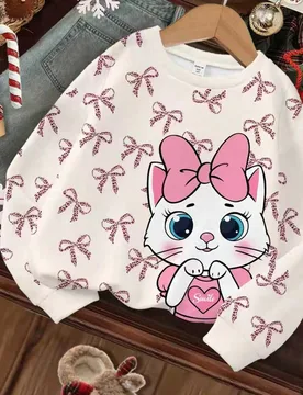 Sudadera de invierno rosa para niña joven, regreso a la escuela, otoño, color blanco crema, lindo y dulce estampado de lazo de dibujos animados, cor - Shein - FashionsVida
