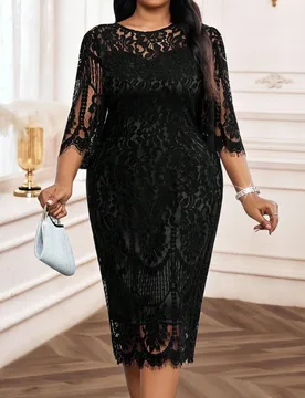 Vestido de fiesta elegante de encaje negro talla grande para primavera, verano, otoño e invierno, pequeño vestido negro 4XL - Shein - FashionsVida