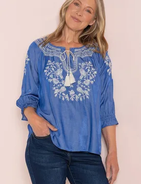 Women's Embroidered Top in Blue Size: 16 - Blue - Size: 16 - Anna Rose - FashionsVida