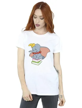 Women's Dumbo Sitting On Books Cotton Boyfriend T-Shirt in White Size: 3XL - White - Size: 3XL - Disney - FashionsVida