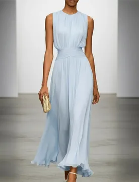 Women's Elegant Light Blue Sleeveless Maxi Dress Pleated Round Neck High Waist Chiffon Long Gown Summer Party Evening Ropa Mujer - Aliexpress - FashionsVida