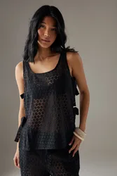 Womens Crochet Tie Side Tank Top - Black Cotton - Size 6 Uk