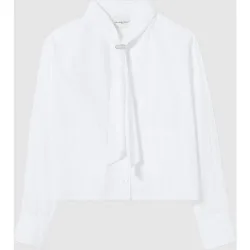 Camisa de mujer de algodón de manga larga con rayas tono sobre tono y lazada desmontable