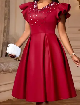 Plus Size Ruffle Sleeve A Line Women's Dress with Pearl Embellished Neckline Wedding Cocktail Parties Special Celebrations - Aliexpress - FashionsVida