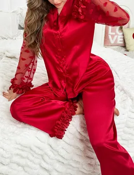 Conjunto de pijama de 3 piezas para mujer con encaje floral 3D, corazón de malla y satén, lencería nupcial, ropa de otoño e invierno cómoda y ele - Shein - FashionsVida