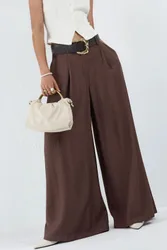 Womens High Waist Wide Leg Pants With Pleats - Brown - Size Small