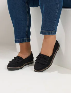 Women's Faux Suede Fringe Loafers In Wide E Fit in Black Size: 6EEE - Black - Size: 6EEE - Yours - FashionsVida