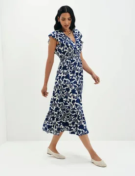 Voile Printed V-Neck Midi Tiered Dress Navy Mix female - Finery London - FashionsVida