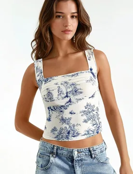 Womens Patterned Square Neck Sandy Crop Top - Blue - Size Medium - Hiccup - FashionsVida