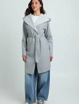 Womens Hooded Wool Look Coat - Grey - Size 14 Uk - Boohoo - FashionsVida