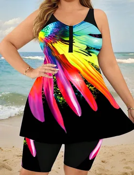 Traje de baño tankini conservador con estampado floral digital para mujeres de talla grande, traje de baño para fiestas en la playa y vacaciones par - Shein - FashionsVida