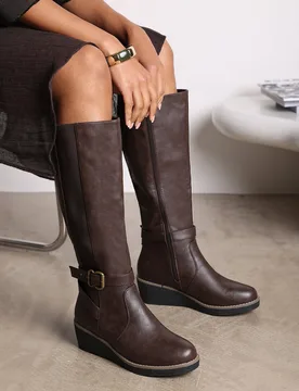 Wheres Womens 'Regina' Wide Fit Faux Leather Knee High Wedge Boots With Strap And Buckle - Brown - Size 6 Wide Fit (Uk Shoe) - Where's That From - FashionsVida