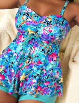 Conjunto de 2 piezas para mujer talla grande con top sin tirantes con volantes y estampado floral oceánico, y shorts de cintura alta para verano y va - Shein - FashionsVida